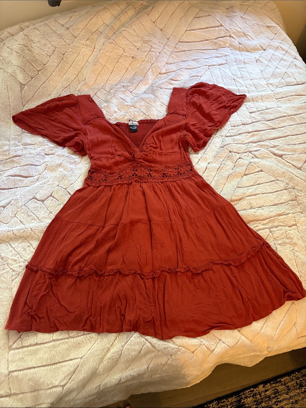 Rust Red V-Neck Tiered Women's Dress